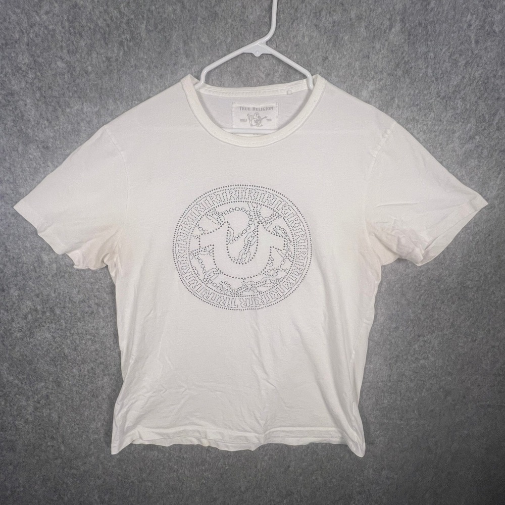 True Religion Men's White Rhinestone Buddha Horseshoe Logo T-Shirt XL World Tour